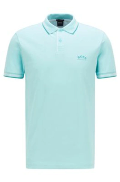 Shop Hugo Boss - Slim Fit Polo Shirt In Stretch Piqu With Curved Logo - Light Blue
