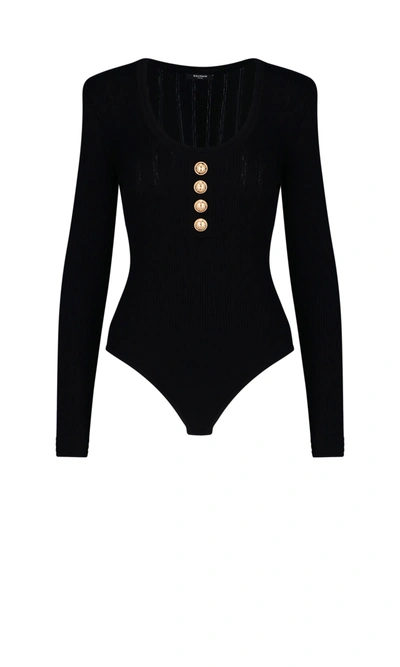 Shop Balmain Buttoned Knit Bodysuit In Black