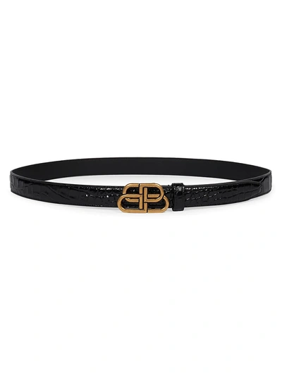 Shop Balenciaga Women's Bb Shiny Croc-embossed Leather Belt In Black