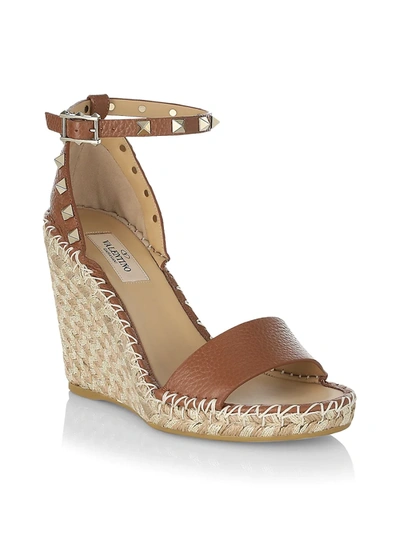 Shop Valentino Rockstud Double Leather Espadrille Wedge Sandals In Light Ivory