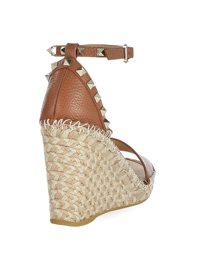 Shop Valentino Rockstud Double Leather Espadrille Wedge Sandals In Natural Brown