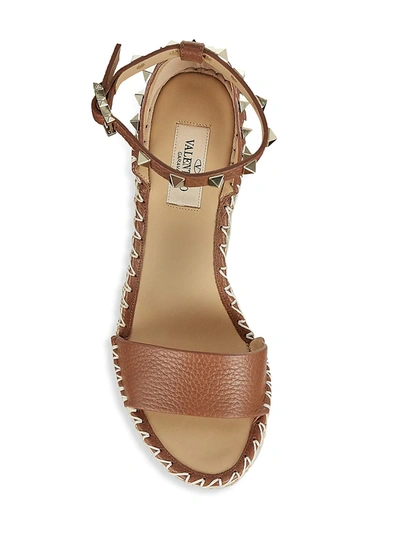 Shop Valentino Rockstud Double Leather Espadrille Wedge Sandals In Natural Brown
