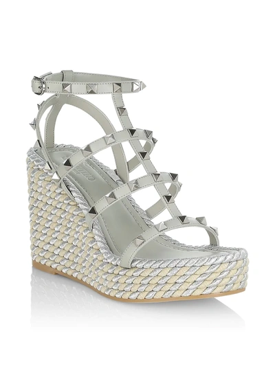 Shop Valentino Rockstud Torchon Espadrille Wedge Sandals In Opal Grey Argento Champagne