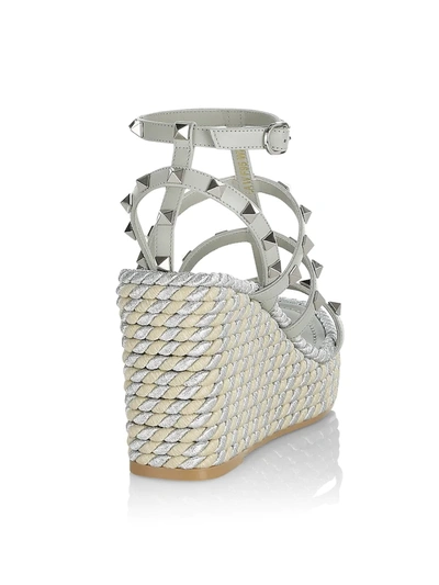 Shop Valentino Rockstud Torchon Espadrille Wedge Sandals In Opal Grey Argento Champagne