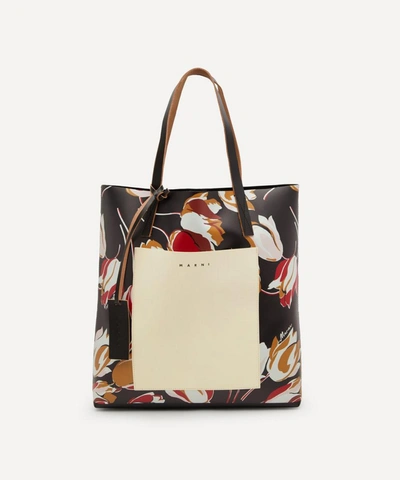 Shop Marni Windblown Print Tote Bag In Black And Light Camel