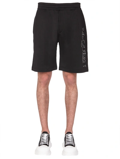 Shop Alexander Mcqueen Shorts With Embroidered Logo In Nero