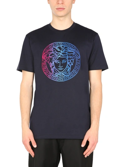 Shop Versace T-shirt With Medusa Embroidery In Blu