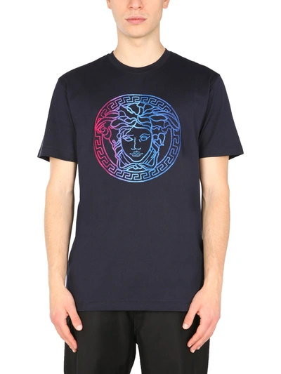 Versace Navy & Multicolor Embroidered Medusa T-shirt In Blue Versace Navy & Multicolor Embroidered Medusa T-shirt In Blue