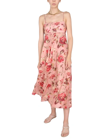 Shop Zimmermann Long Dress With Floral Pattern In Rosa