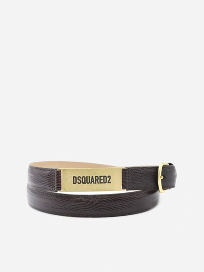Shop Dsquared2 Embossed Leather Belt With Logo Plate In Dark Brown