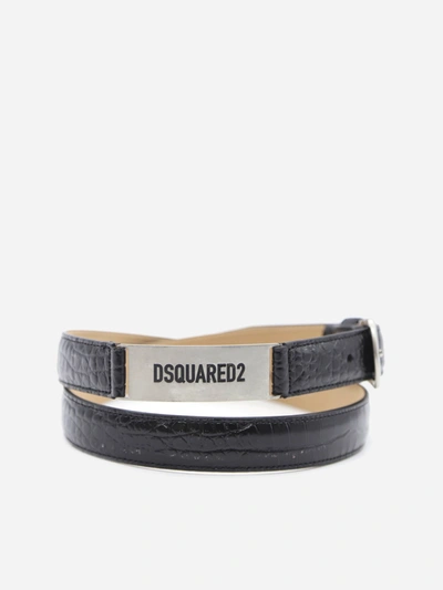 Shop Dsquared2 Embossed Leather Belt With Logo Plate In Black