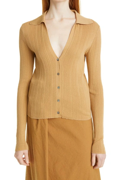 Shop Vince Ribbed Polo Collar Cardigan In Pale Walnut