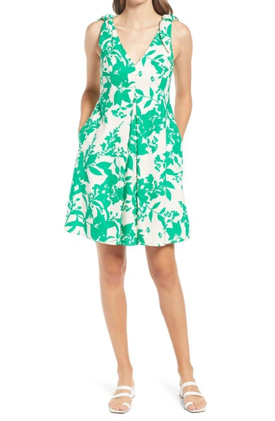 Shop Eliza J Floral Sleeveless Linen Blend Dress In Green