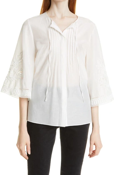 Shop Kobi Halperin Addie Embroidered Sleeve Cotton & Silk Blouse In White