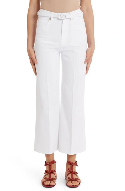 Shop Valentino Logo Belt Crop Straight Leg Cotton Denim Pants In 001 Bianco Ottico