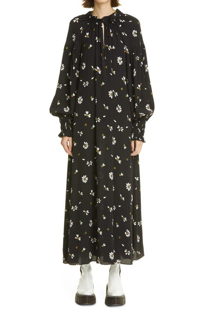 Shop Rosetta Getty Daisy Print Long Sleeve Crepe Dress In Black Multi
