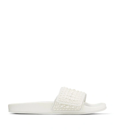 Shop Jimmy Choo Fitz Embellished Canvas-leather Slides In White