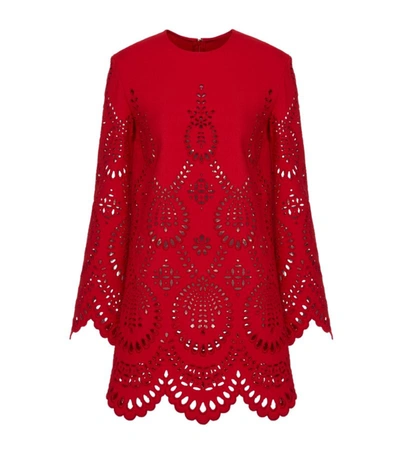 Shop Valentino Wool-silk Broderie Anglaise Mini Dress In Red