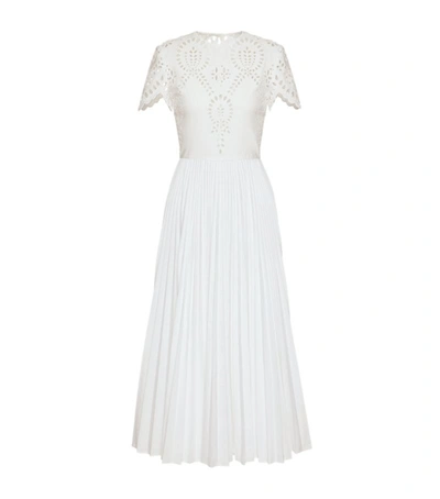 Shop Valentino Pleated Broderie Midi Dress In White