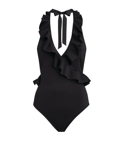 Shop Zimmermann Cassia Ruffle-trim Wrap Swimsuit In Black