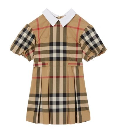 Shop Burberry Kids Check Puff-sleeved Dress (3-14 Years) In Neutrals