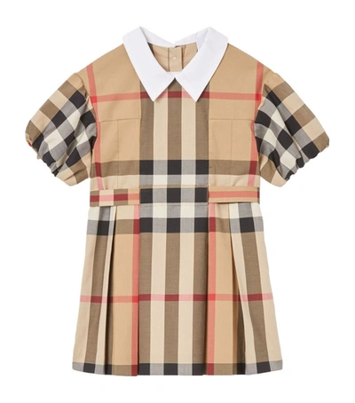 Shop Burberry Kids Puff-sleeve House Check Dress (6-24 Months) In Brown