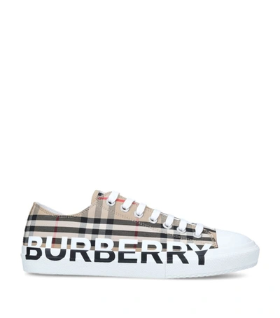 Shop Burberry Check Canvas Logo Sneakers In Beige
