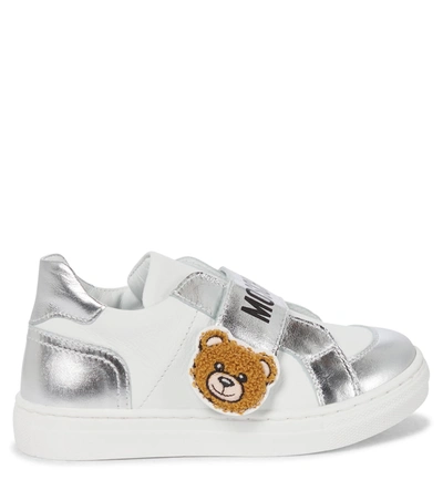 Shop Moschino Leather Sneakers In Silver