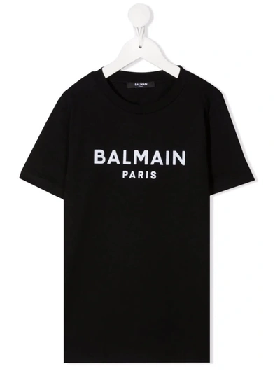 Shop Balmain Kids Black T-shirt With White Velvet Logo