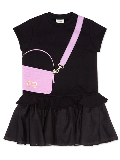 Shop Fendi Black Organza And Fleece Junior Dress In Nero