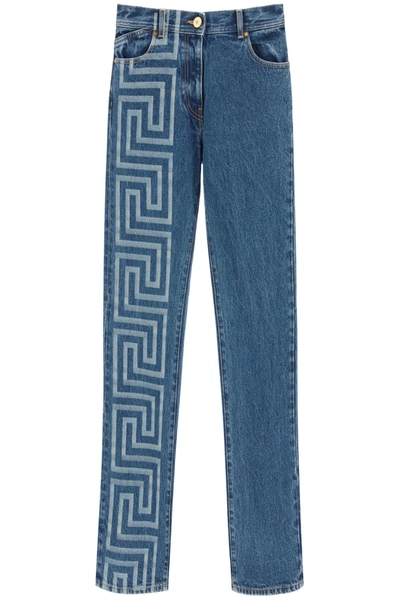 Shop Versace Greca Print Wide Leg Jeans In Dark Blue (blue)