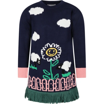 Shop Stella Mccartney Blue Dress For Girl With Flower And Clouds