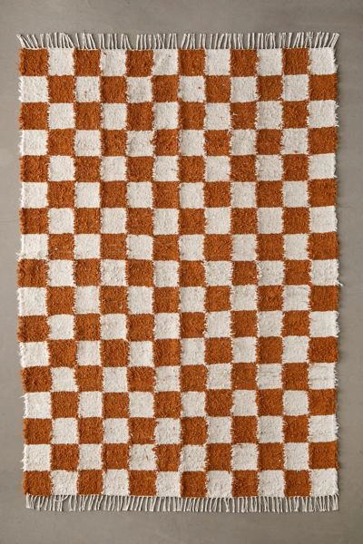 Shop Urban Outfitters Checkerboard Woven Shag Rag Rug In Honey At