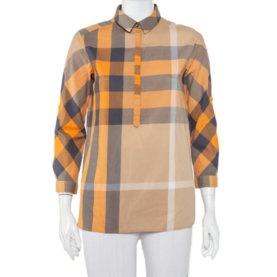 Pre-owned Burberry Brit Orange Nova Check Cotton Half Buttoned Shirt Xs