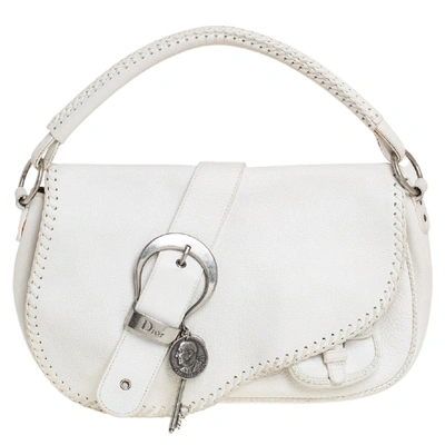 Pre-owned Dior White Leather Whipstitch Gaucho Hobo