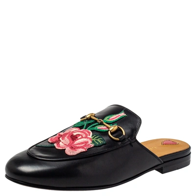 Pre-owned Gucci Black Floral Embroidered Leather Horsebit Princetown Flat Mule Size 38