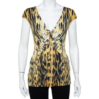 Pre-owned Roberto Cavalli Yellow Printed Knit Draped Plunge Neck Top S