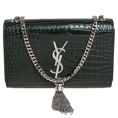 Pre-owned Saint Laurent Green Croc Embossed Leather Small Kate Tassel Crossbody Bag