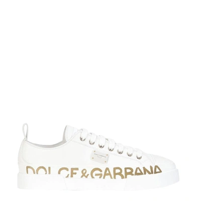 Pre-owned Dolce & Gabbana White Calfskin Portofino Sneakers Size Eu 38.5