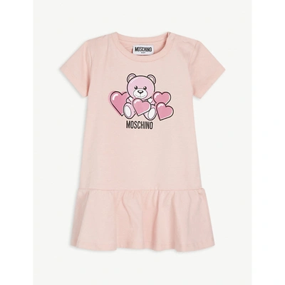 Shop Moschino Teddy Bear Hearts-print Cotton-blend Dress 3-36 Months In Sugar Rose