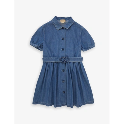 Shop Gucci Belted Denim Dress 10-12 Years In Blue