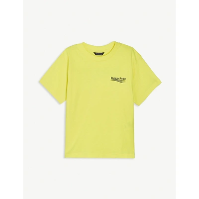 Shop Balenciaga Boys Fluo Yellow/black Kids Political Logo-print Cotton-jersey T-shirt 4-10 Years 10 Years