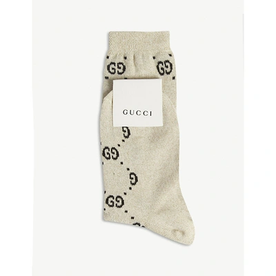 Shop Gucci Girls Ivory/black Kids Interlocking Gg Cotton-blend Lurex Socks 6-12 Years 8 Years