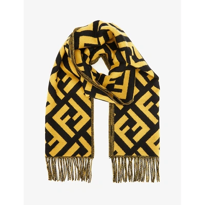 Shop Fendi Mens Black Yellow Brand-pattern Fringed Cashmere Scarf