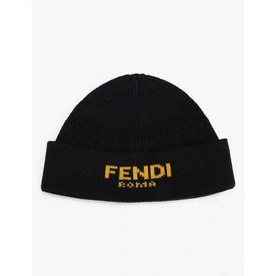 Shop Fendi Mens Black Roma Logo-knitted Cotton And Cashmere-blend Beanie Hat