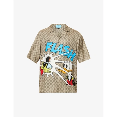 Shop Gucci Mens Vint Camel Blue Mc X Disney Donald Duck Graphic-print Silk Hawaii Shirt 38