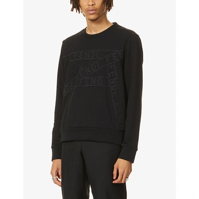 Shop Fendi Brand-tape Crewneck Cotton-blend Sweatshirt In Black