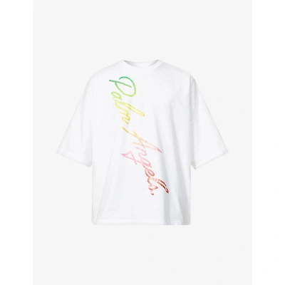 Shop Palm Angels Mens White Multicolor Miami Logo-print Cotton-jersey T-shirt M