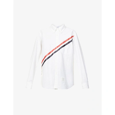 Shop Thom Browne Diagonal-stripe Long-sleeved Cotton Shirt In White
