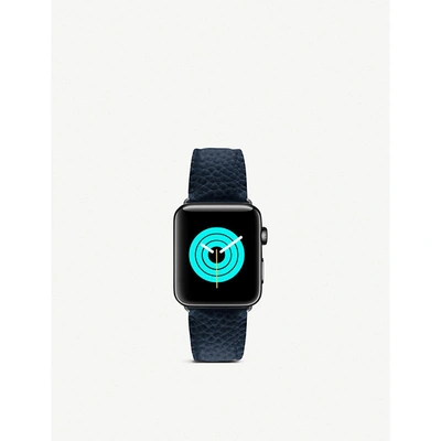 Shop Mintapple Mens Dark Blue Apple Watch Grained-leather Strap And Stainless Steel Case 44mm In Blue/black